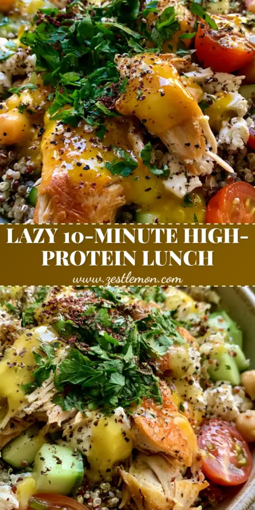 Top-down view of a vibrant Mediterranean quinoa rotisserie chicken salad with feta and lemon vinaigrette. (quinoa rotisserie chicken salad)