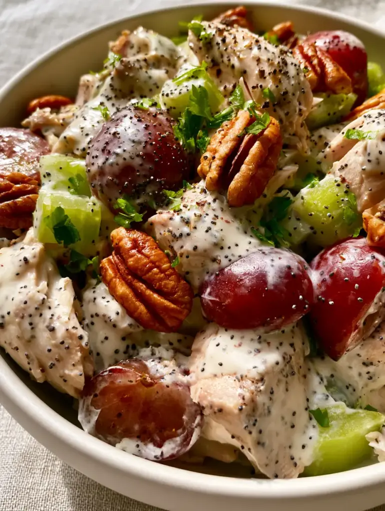Sonoma Chicken Salad Recipe: The Ultimate Creamy Poppy Seed Crunch 2 Macro shot of Sonoma Chicken Salad showing the glossy dressing and black poppy seeds. (Sonoma Chicken Salad)