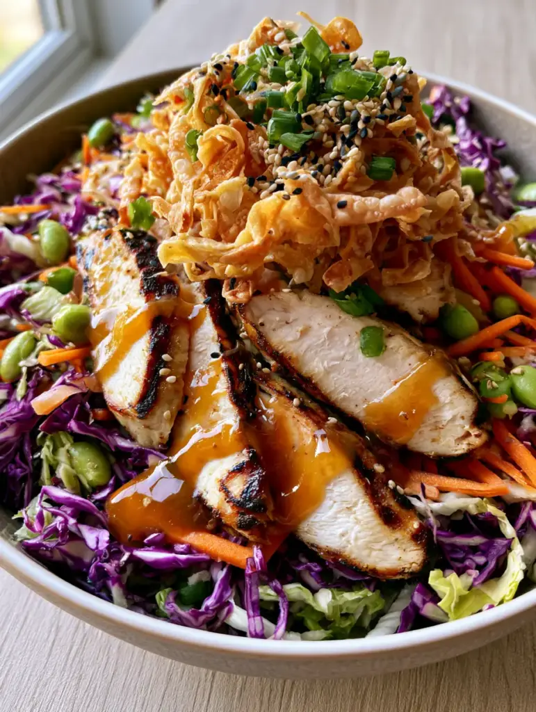 Close up shot of crispy wonton strips and matchstick carrots drizzled with amber sesame dressing.