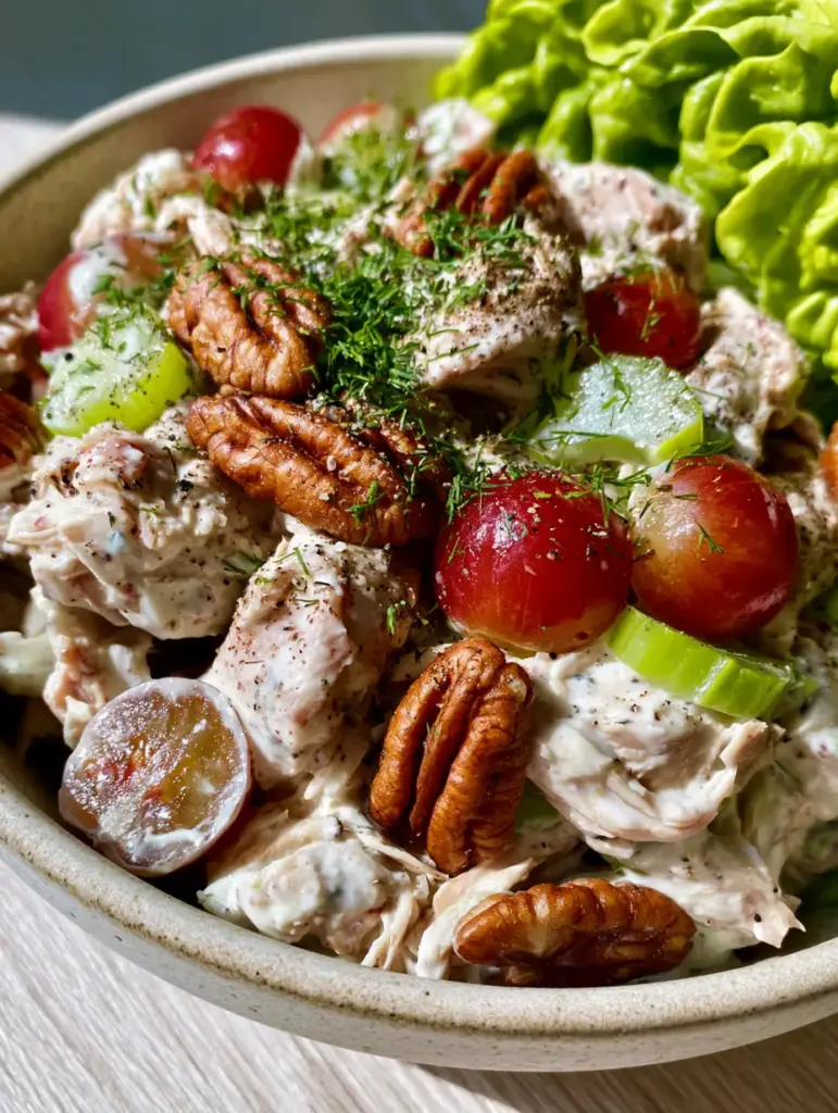 Creamy Chicken Salad Recipe with Toasted Pecans and Red Grapes 2 Close up detail of thick white dressing and toasted pecans in a creamy chicken salad. (creamy chicken salad)