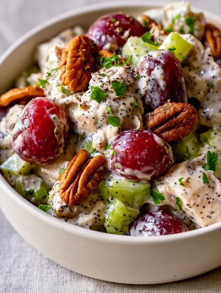 Sonoma Chicken Salad Recipe: The Ultimate Creamy Poppy Seed Crunch 1 Close-up of Sonoma Chicken Salad in a white bowl with parsley garnish and cracked pepper.
