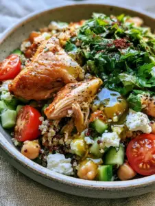Close-up handheld smartphone photo of tri-color quinoa rotisserie chicken salad in a rustic ceramic bowl. (quinoa rotisserie chicken salad)