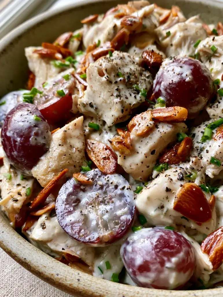 Million Dollar Chicken Salad with Roasted Chicken and Toasted Almonds 1 Close-up of golden-brown toasted slivered almonds and dewy purple grapes in a creamy chicken salad base.