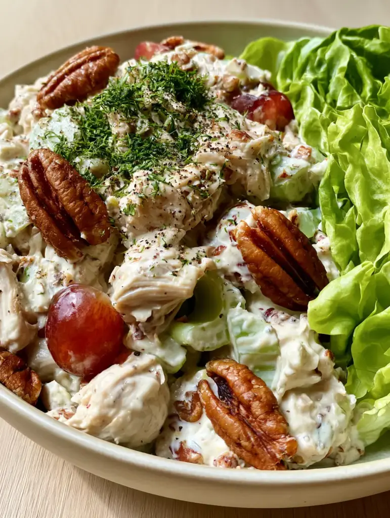 Creamy Chicken Salad Recipe with Toasted Pecans and Red Grapes 1 Smartphone photo of creamy chicken salad with red grapes and fresh dill on a light oak table.