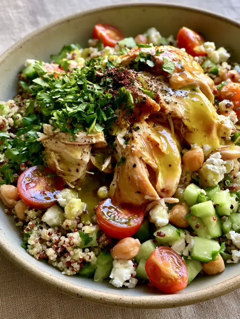 Side-lit shot highlighting the thick glossy dressing on a quinoa rotisserie chicken salad. (quinoa rotisserie chicken salad)