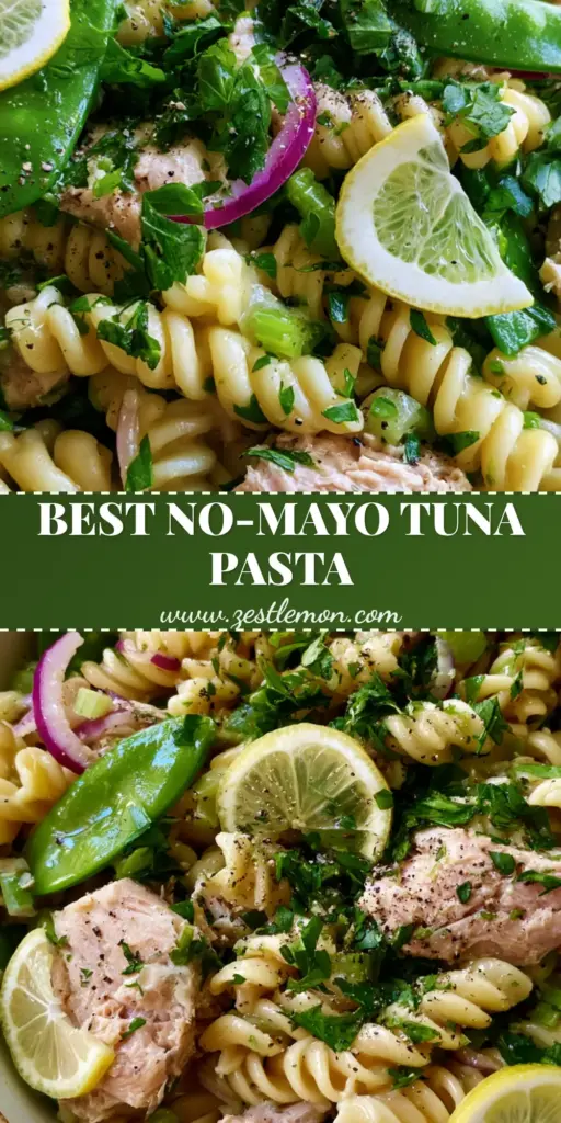 Tuna Pasta Salad with Lemon-Olive Oil Vinaigrette 3 A top-down view of a vibrant Tuna Pasta Salad in a ceramic bowl, featuring chunky albacore tuna, rotini pasta, and bright green snap peas.
