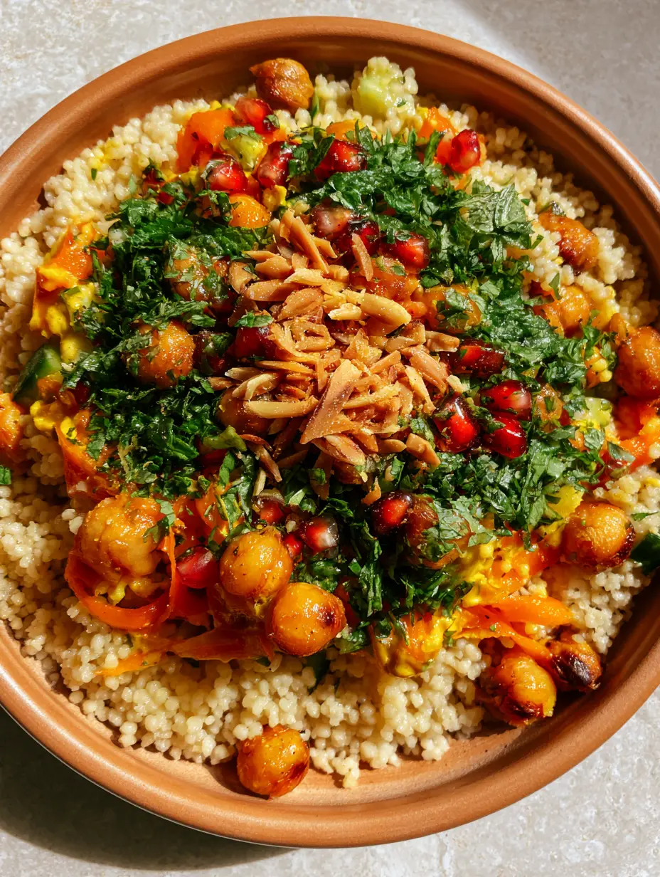 Moroccan-Spiced Chickpea and Carrot Couscous Salad with Turmeric Tahini 3 Close-up of roasted golden chickpeas with blistered skins mixed with fluffy couscous and carrot ribbons. (Moroccan-Spiced Chickpea and Carrot Couscous Salad)
