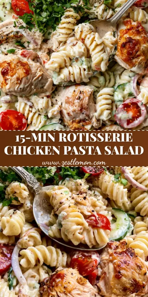 Chicken Pasta Salad with Zesty Creamy Dressing and Rotisserie Chicken 4 A close-up of creamy chicken pasta salad with rotini, cherry tomatoes, and shredded chicken in a white bowl. (chicken pasta salad)