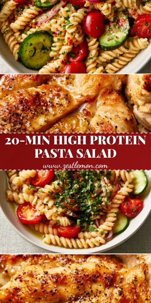 A vertical Pinterest pin showing a healthy chicken pasta salad with seared chicken and fresh vegetables in a matte white bowl.
