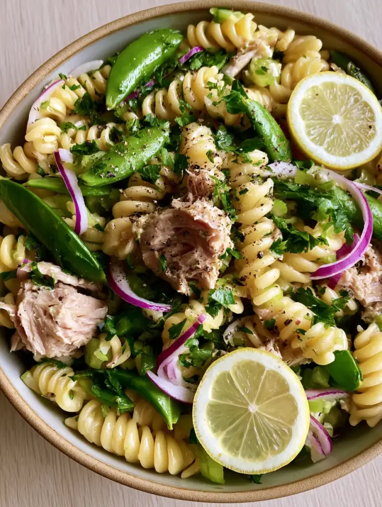 Tuna Pasta Salad with Lemon-Olive Oil Vinaigrette 2 Close-up of Tuna Pasta Salad showing glistening rotini spirals, pale pink tuna chunks, and thin red onion crescents.