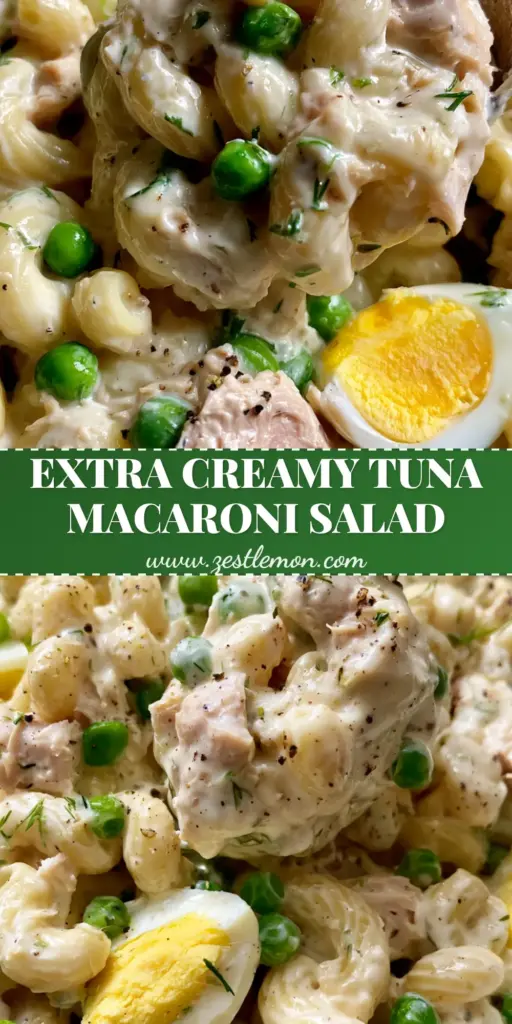 A close-up shot of creamy tuna macaroni salad in a white bowl with a silver spoon. (tuna macaroni salad)