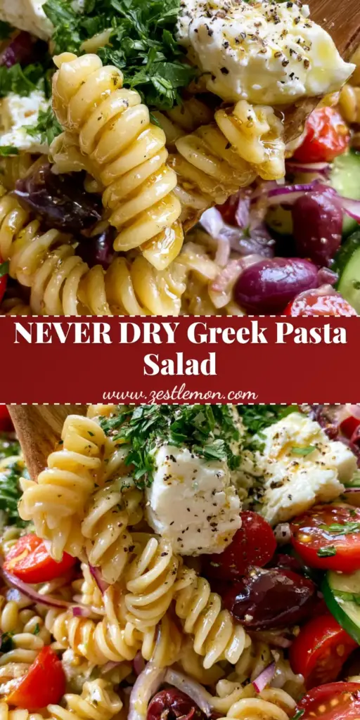 Greek Pasta Salad with Zesty Herb Vinaigrette and Feta Cheese 3 A large white ceramic bowl filled with vibrant Greek Pasta Salad, featuring glistening rotini, red tomatoes, and creamy feta, being served with a wooden spoon. (Greek Pasta Salad)