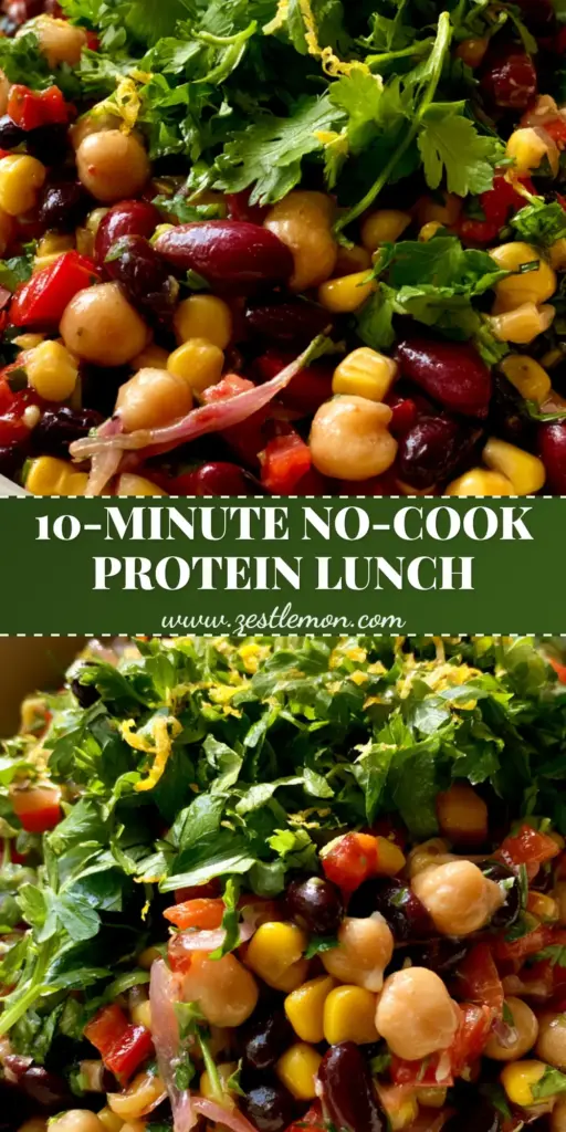 Bean Salad Recipes: The Ultimate Zesty Triple-Bean Medley 5 A top-down view of a vibrant bean salad with chickpeas, black beans, and corn in a white bowl. (Bean Salad Recipes)