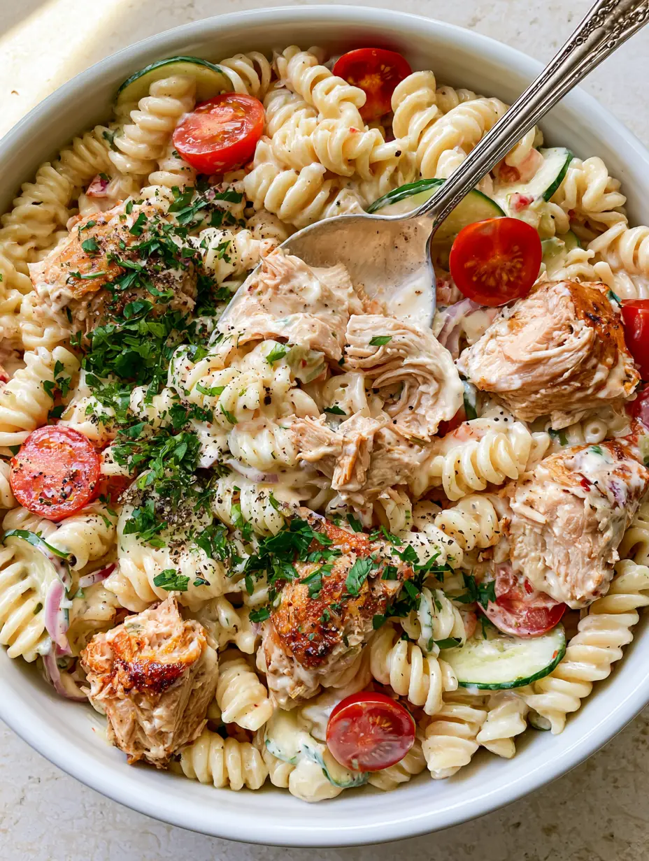 Chicken Pasta Salad with Zesty Creamy Dressing and Rotisserie Chicken 3 High-angle shot of a white ceramic bowl filled with chicken pasta salad and a silver spoon. (chicken pasta salad)