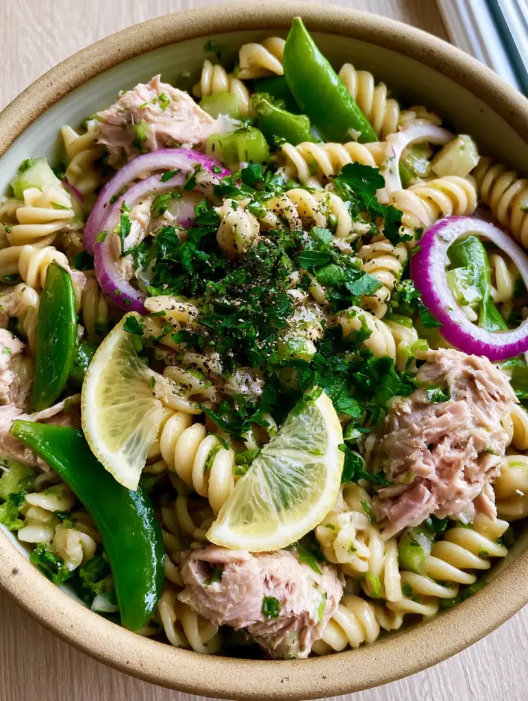 Tuna Pasta Salad with Lemon-Olive Oil Vinaigrette 1 Tuna Pasta Salad garnished with fresh flat-leaf parsley and cracked black pepper in an artisanal bowl.