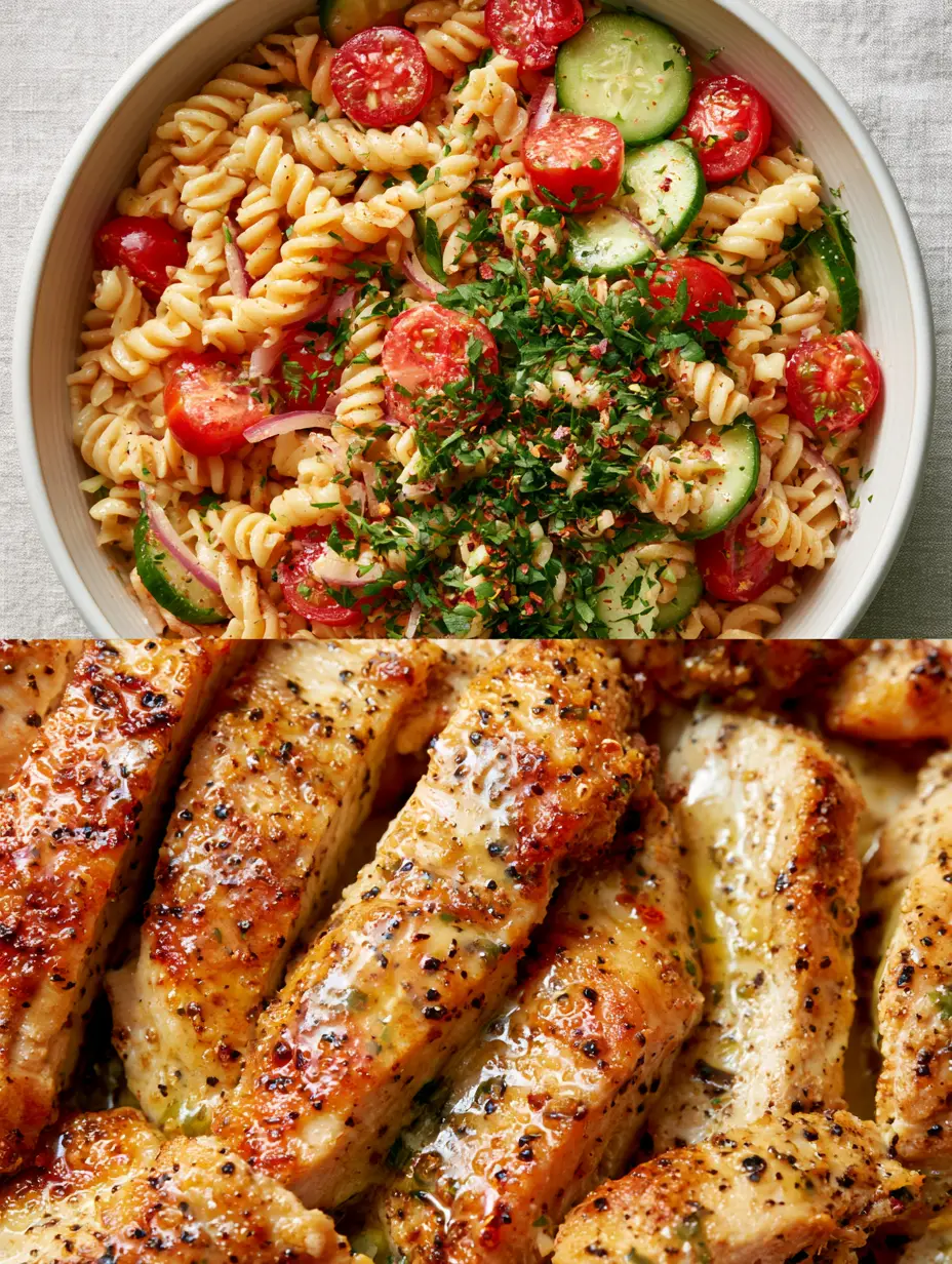 A split screen showing a top-down view of a pasta salad bowl and a macro shot of golden seared chicken strips. (Healthy Chicken Pasta Salad)