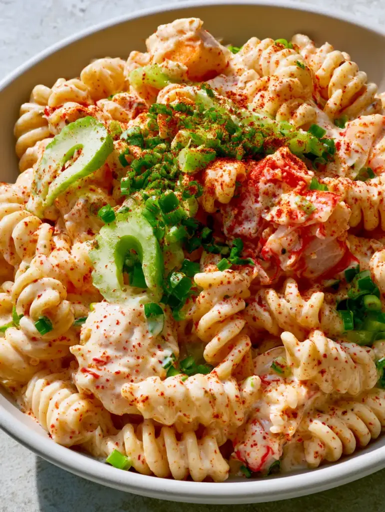 Crab Pasta Salad with Creamy Old Bay Dressing and Lump Crab Meat 2 A top-down angled close-up of crab pasta salad featuring glistening rotini, thick cream sauce, and large chunks of lump crab. (crab pasta salad)