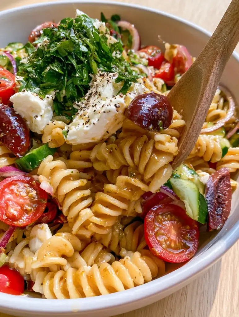 Greek Pasta Salad with Zesty Herb Vinaigrette and Feta Cheese 2 Close-up handheld smartphone photo of Greek Pasta Salad showing glossy rotini spirals and fresh Mediterranean vegetables in natural light. (Greek Pasta Salad)