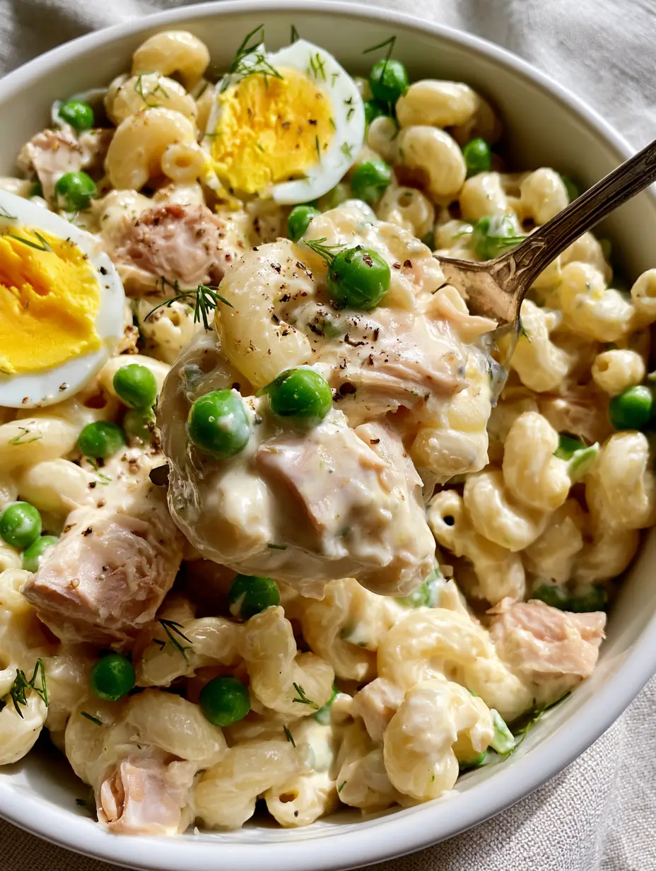High-angle view of tuna macaroni salad with bright green peas and yellow egg slices. (tuna macaroni salad)