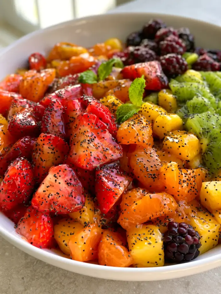 Close-up 45-degree angle of honey lime fruit salad showing the thick, reflective translucent glaze and poppy seeds on kiwi and blackberries.