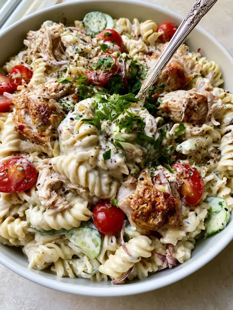 Chicken Pasta Salad with Zesty Creamy Dressing and Rotisserie Chicken 1 Close-up showing the glossy texture of the creamy dressing on the chicken pasta salad.