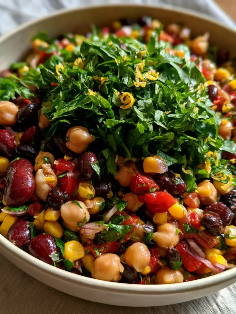 Bean Salad Recipes: The Ultimate Zesty Triple-Bean Medley 2 Macro photo of glossy beans and bright yellow corn kernels with lemon zest curls. (Bean Salad Recipes)