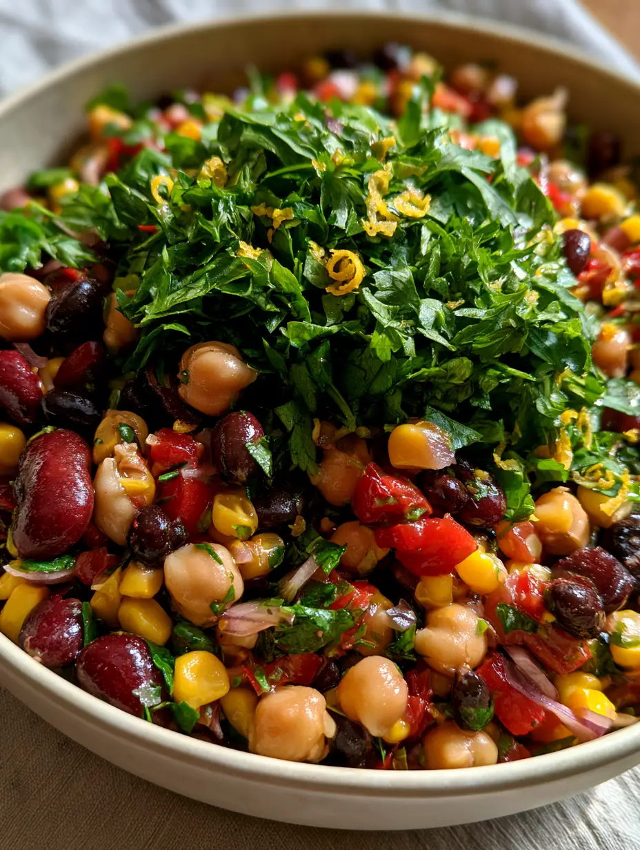 Bean Salad Recipes: The Ultimate Zesty Triple-Bean Medley 4 Macro photo of glossy beans and bright yellow corn kernels with lemon zest curls. (Bean Salad Recipes)