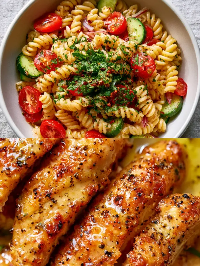 Macro close-up of succulent seared chicken with cracked black pepper and fresh parsley. (Healthy Chicken Pasta Salad)