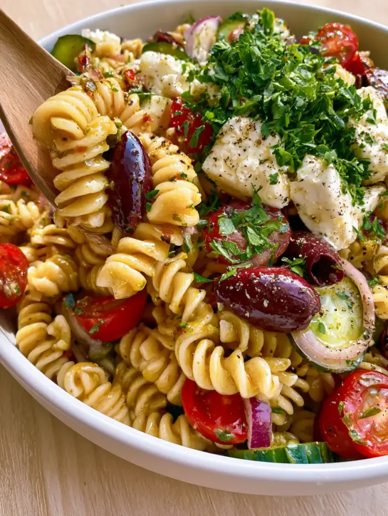 Greek Pasta Salad with Zesty Herb Vinaigrette and Feta Cheese 1 Detailed shot of large feta crumbles and chopped parsley scattered over a moist Greek Pasta Salad. (Greek Pasta Salad)