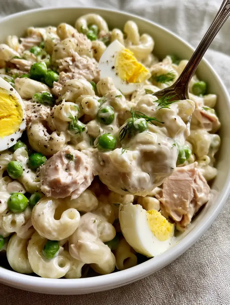 A thick, velvety scoop of tuna macaroni salad on a vintage silver spoon. (tuna macaroni salad)