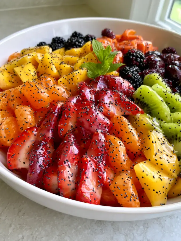 A large elegant white ceramic bowl on a gray stone countertop filled with clusters of rainbow fruit coated in honey lime glaze.