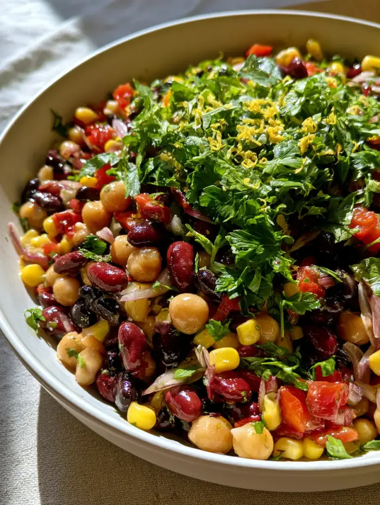Bean Salad Recipes: The Ultimate Zesty Triple-Bean Medley 1 Close up of bean salad with fresh parsley and lemon zest in a matte white ceramic bowl.