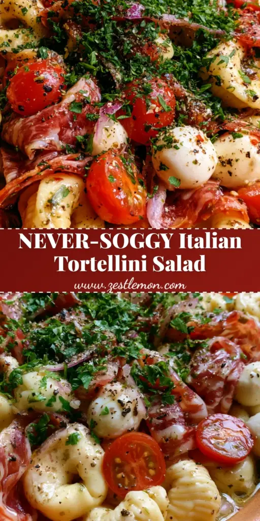 A gourmet Italian tortellini salad in a terracotta bowl featuring salami ribbons and mozzarella pearls. (tortellini salad)