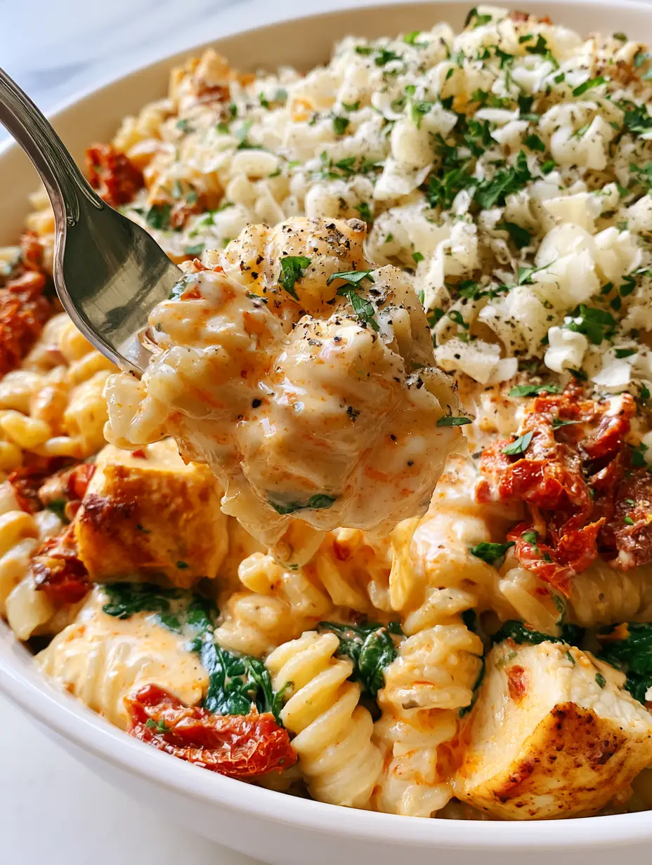 Handheld photo of Marry Me Chicken Pasta Salad with a fork lifting a creamy bite. (Marry Me Chicken Pasta Salad)