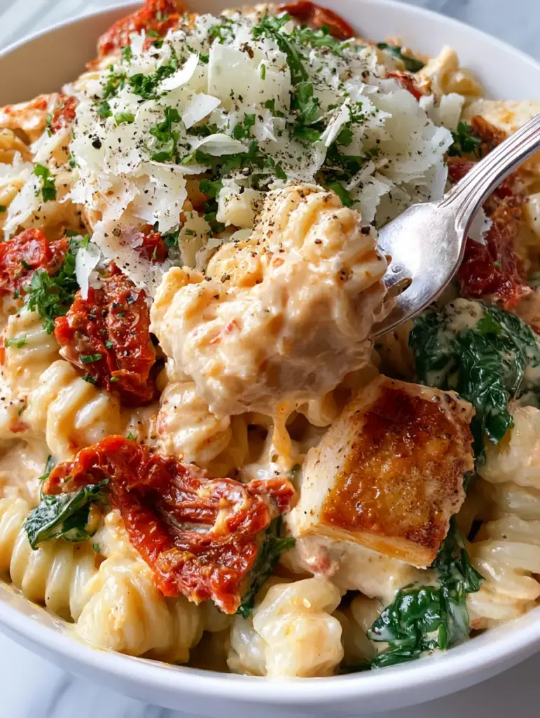 A white bowl of Marry Me Chicken Pasta Salad on a marble surface with vibrant spinach and tomatoes.