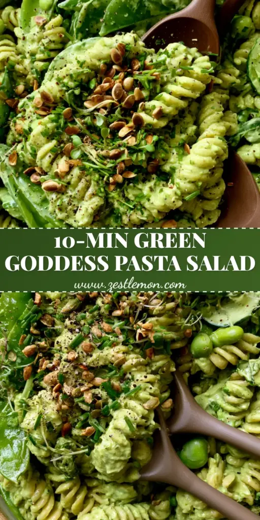 Green Goddess Pasta Salad with Creamy Avocado and Fresh Herbs 3 A large overhead shot of Green Goddess Pasta Salad with fusilli, avocado dressing, and vibrant green vegetables in a ceramic bowl.
