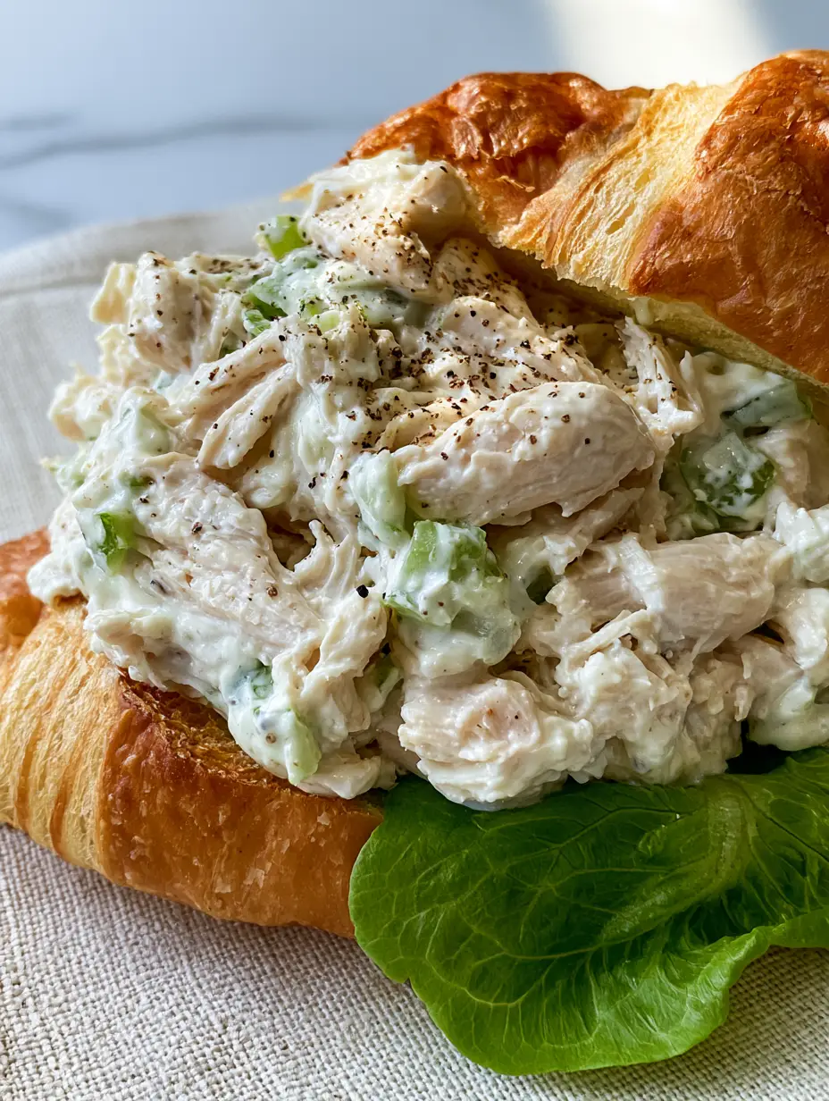 Close up of pale ivory shredded chicken fibers and glossy mayonnaise dressing in a bowl. (Chicken Salad Chick recipe)