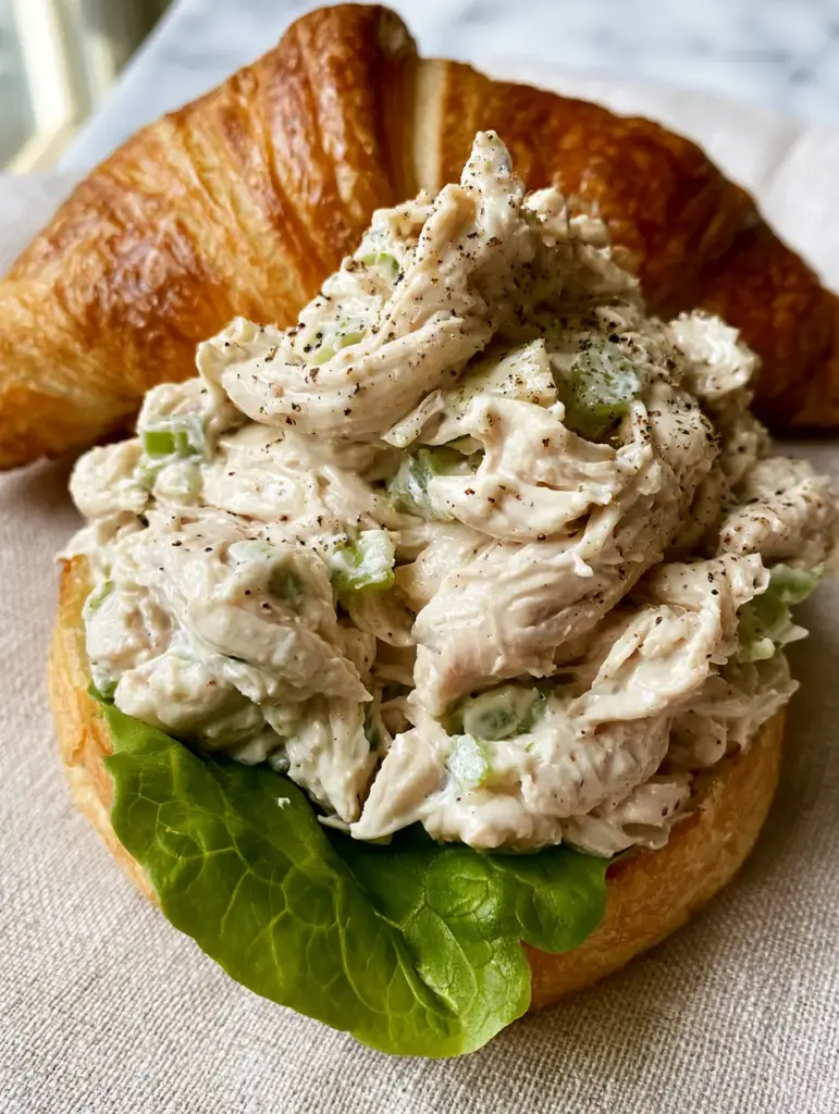 Handheld photo of a toasted croissant sandwich filled with creamy chicken salad and green bibb lettuce.