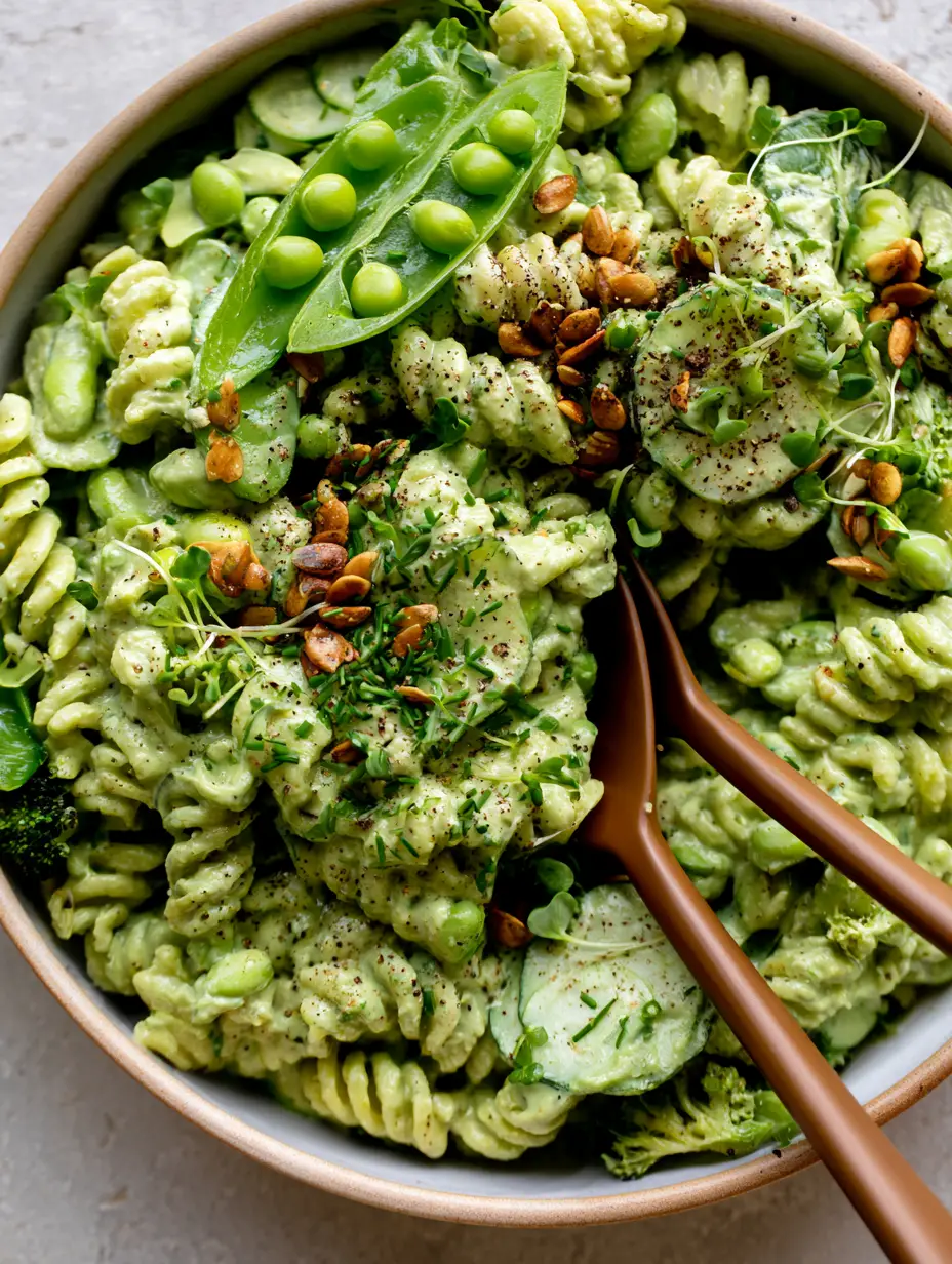 Green Goddess Pasta Salad with Creamy Avocado and Fresh Herbs 4 Close-up of Green Goddess Pasta Salad showing the creamy avocado dressing on fusilli spirals and blanched sugar snap peas.