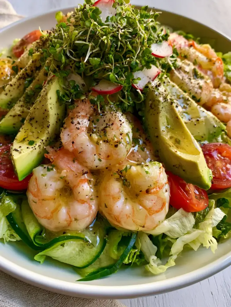 Close up of glossy lemon-herb vinaigrette drizzled over ripe avocado wedges and shrimp for summer dinner recipes.