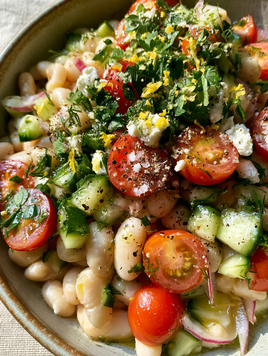 Macro photo of glistening cannellini beans in a marinated white bean salad with dill and parsley.