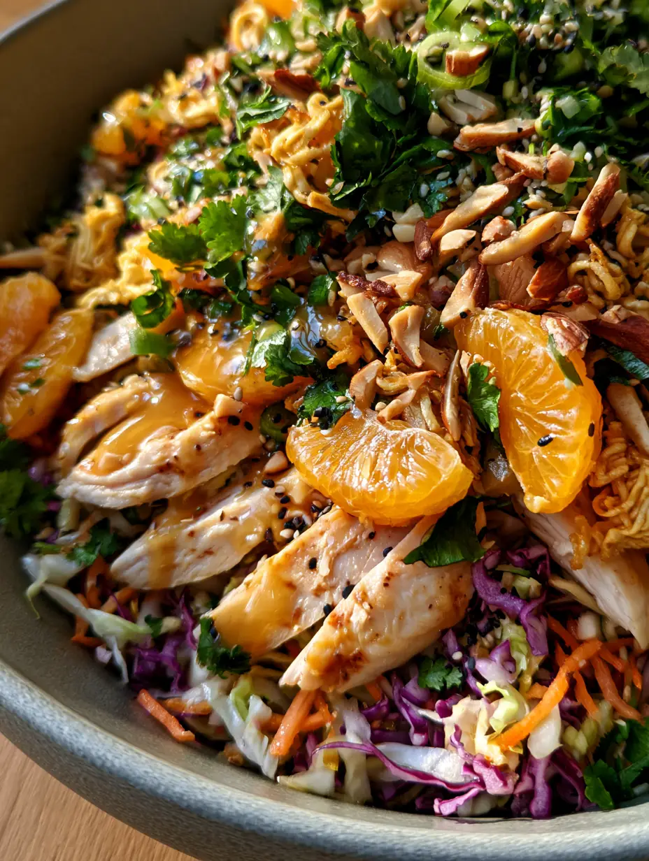 Chinese Chicken Salad with Honey-Ginger Dressing and Crispy Ramen 4 Top-down view of Chinese chicken salad showing sear-marked chicken and glossy dressing.