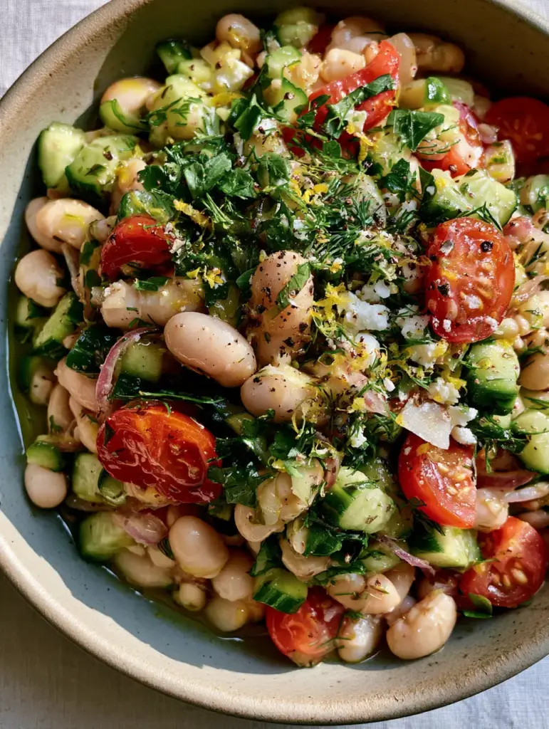 Top-down view of a vibrant marinated white bean salad showing Persian cucumbers, cherry tomatoes, and red onions.