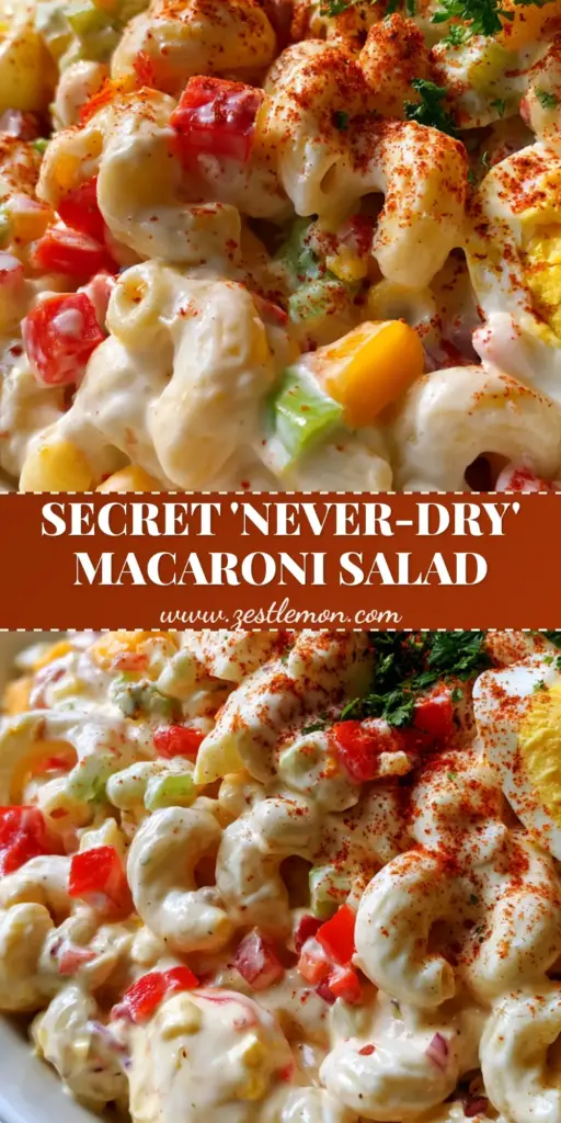 A close-up view of a vibrant Classic macaroni salad in a white bowl, showing glossy dressing and bright red peppers. (Classic macaroni salad)