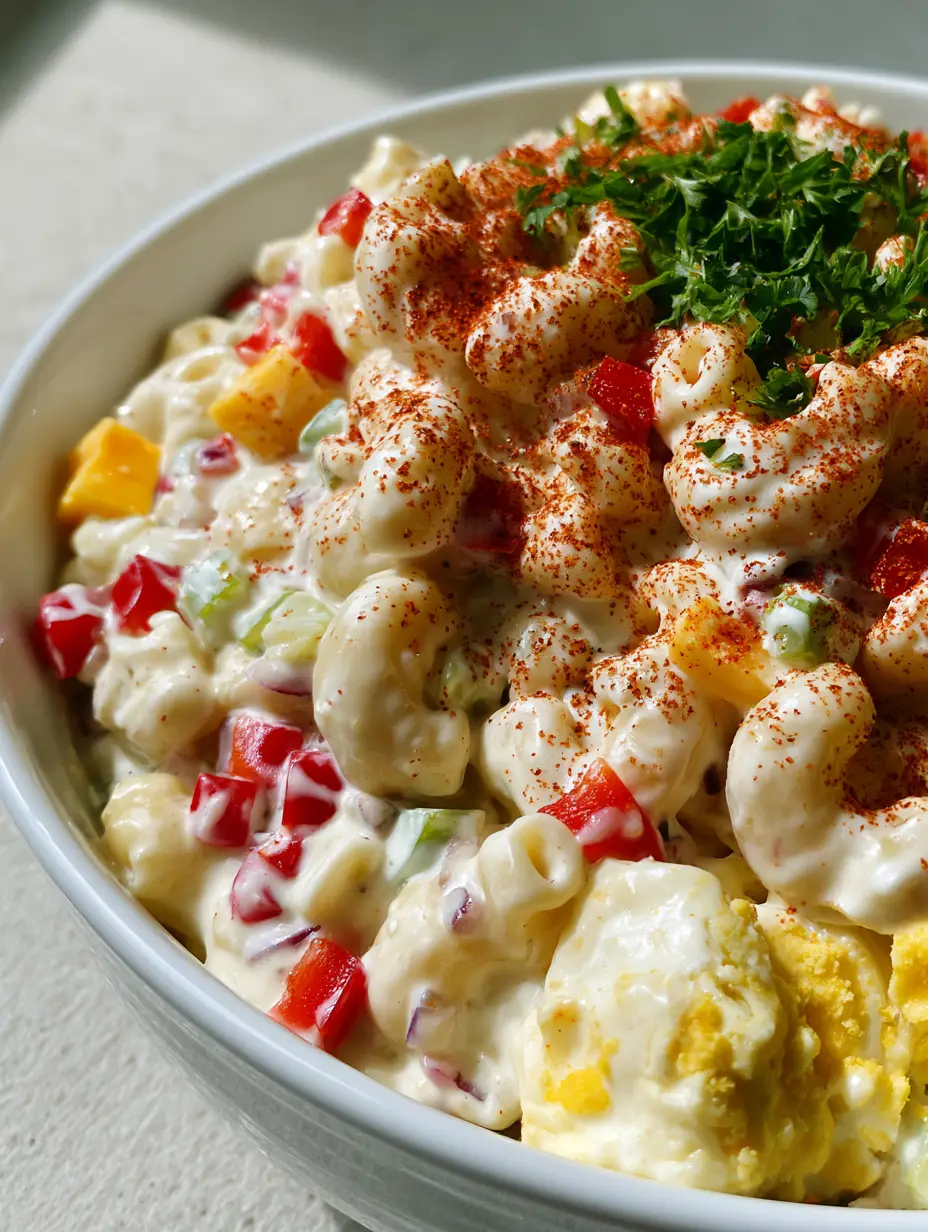 High-angle shot of Classic macaroni salad featuring elbow pasta, cheddar cubes, and hard-boiled eggs with a smoked paprika dusting. (Classic macaroni salad)
