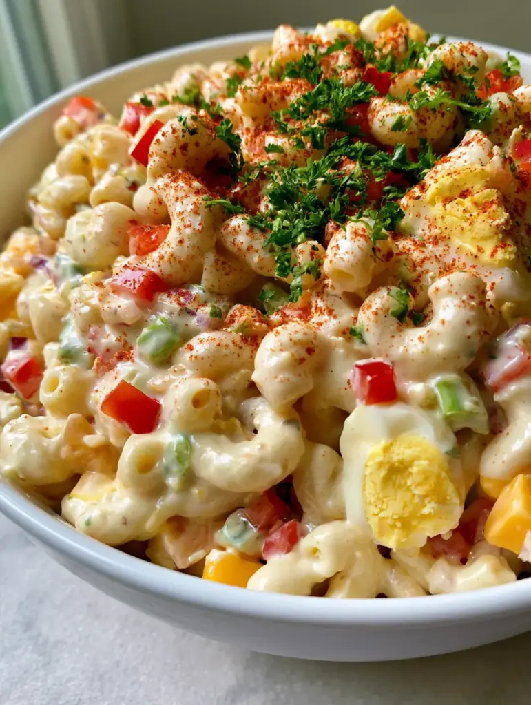 Close-up of al dente elbow macaroni coated in a thick, silky white dressing with finely diced red bell peppers.