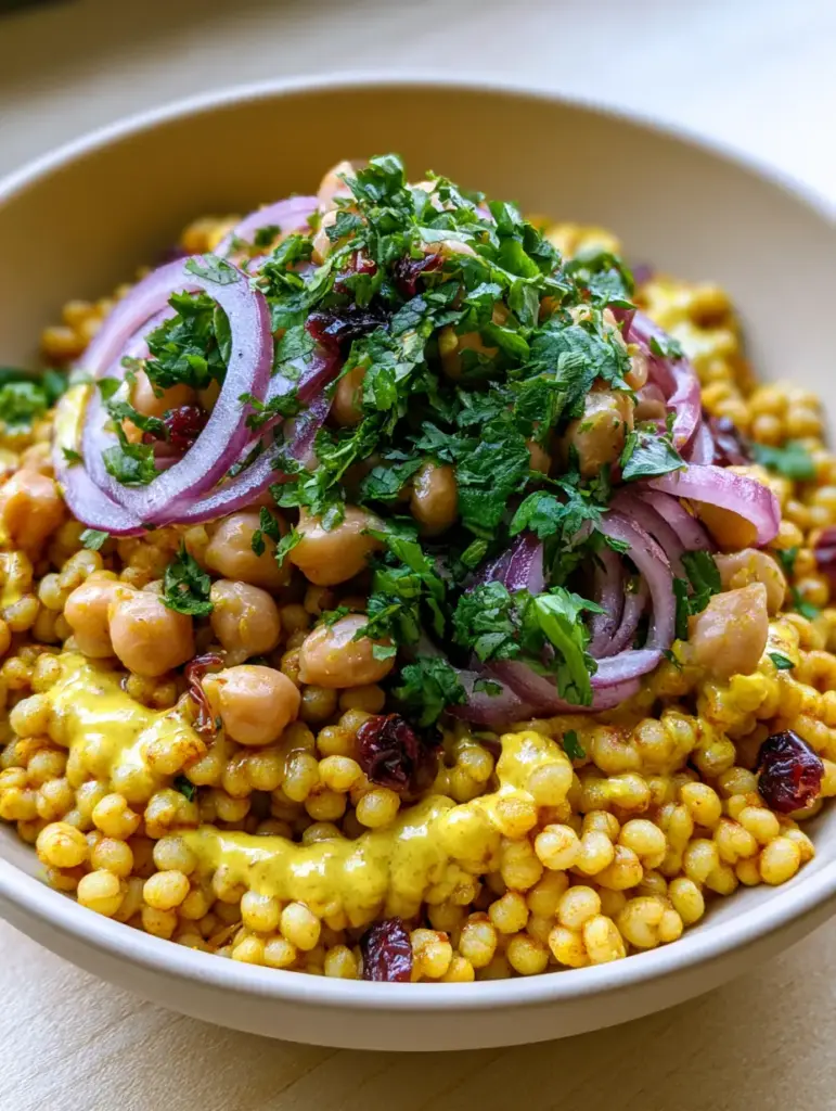 Curried Couscous Chickpea Salad: The Ultimate Vibrant Mediterranean Lunch 1 Top-down view of Curried Couscous Chickpea Salad showing red onion slivers, dried cranberries, and creamy yellow dressing.