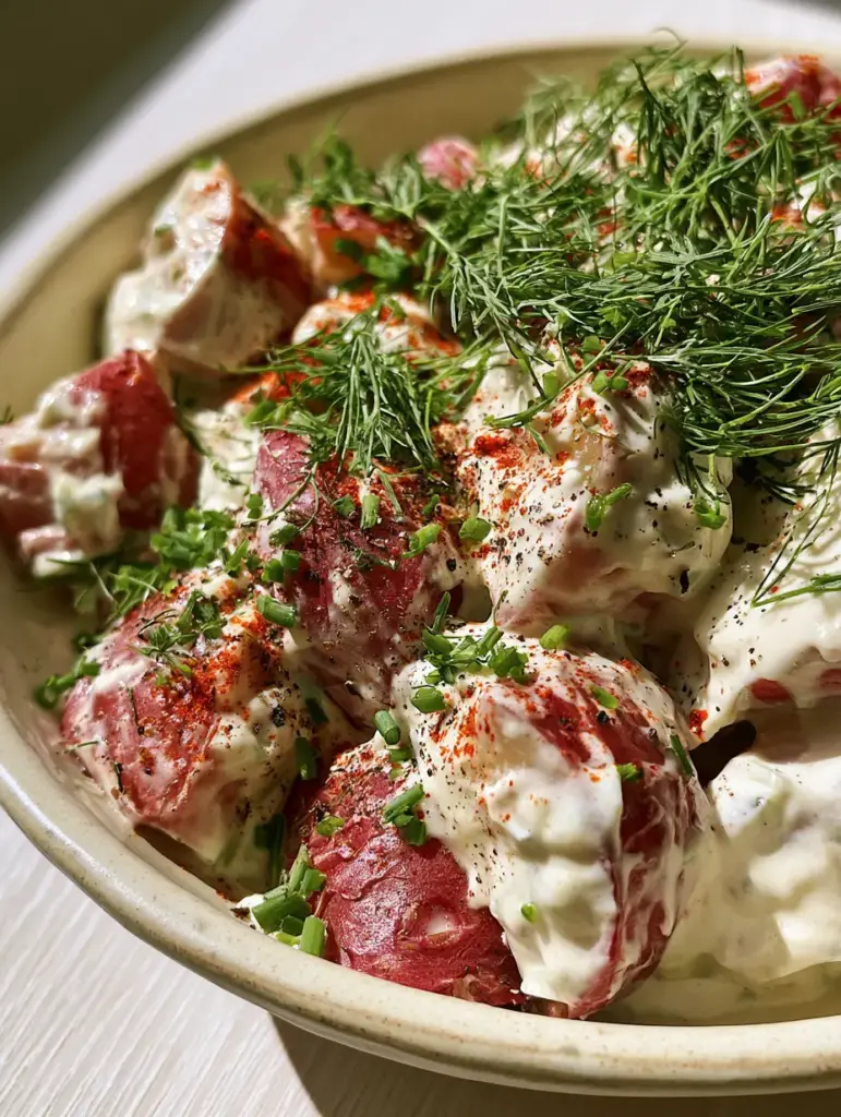 Potato Salad Recipes: The Ultimate Creamy Red Potato Salad with Fresh Dill 2 A handheld smartphone photo showing a rustic ceramic bowl of creamy red potato salad under natural sunlight. (potato salad recipes)
