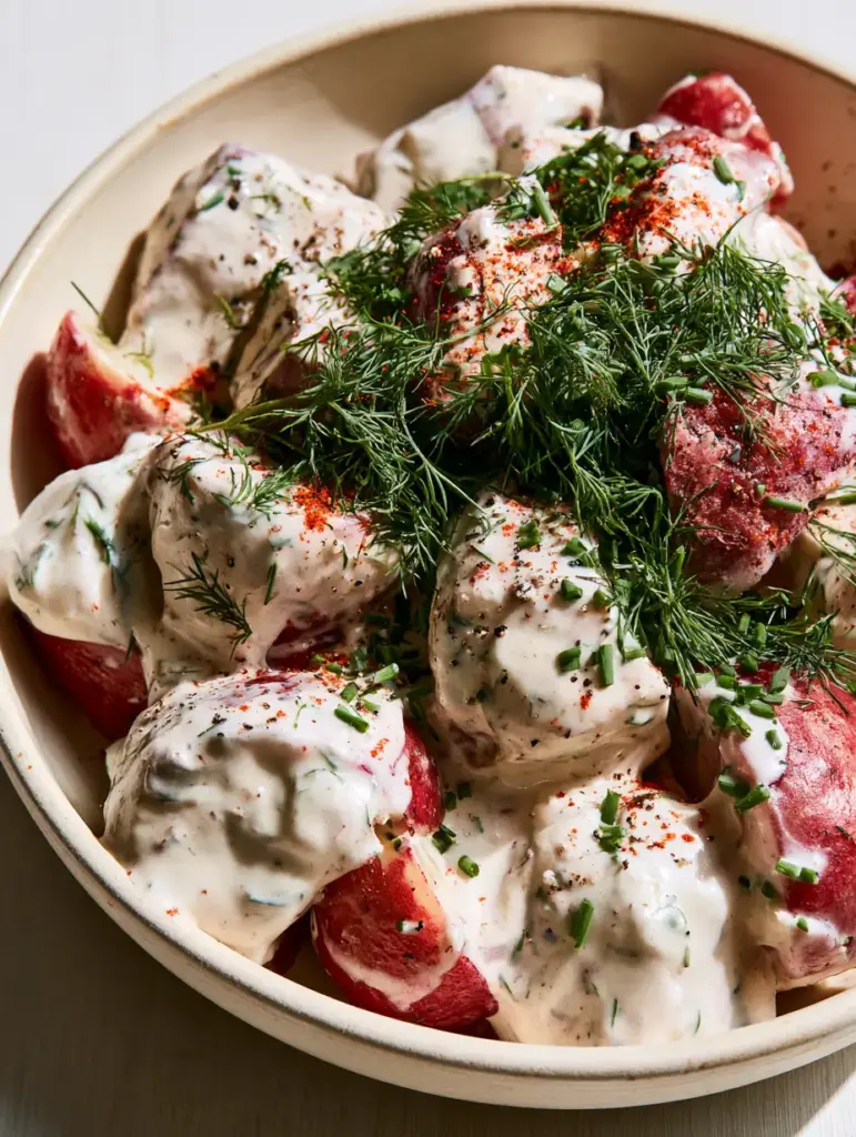 Potato Salad Recipes: The Ultimate Creamy Red Potato Salad with Fresh Dill 1 Macro shot of large red potato chunks coated in ivory dressing with abundant fresh dill and cracked pepper.