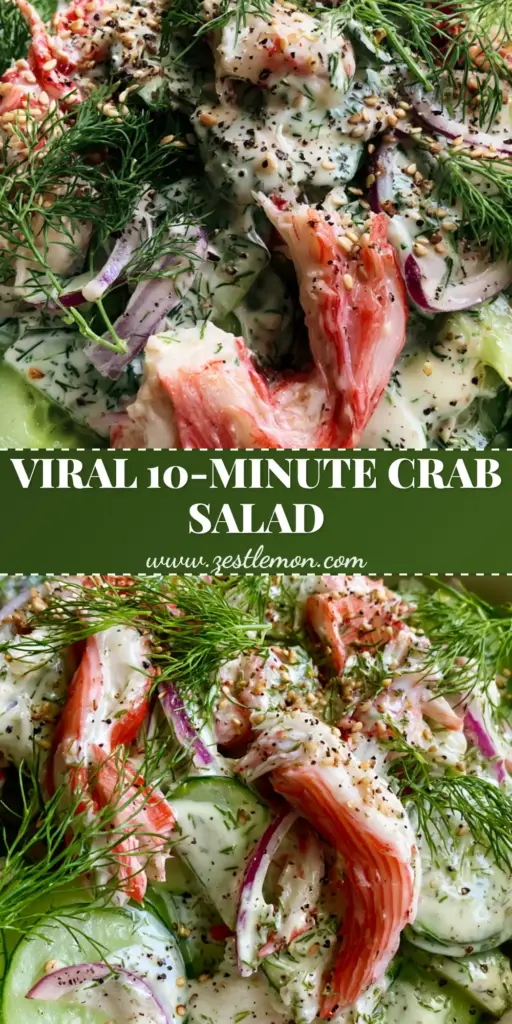 Creamy Cucumber Crab Salad: The Ultimate 15-Minute Refreshing Summer Side 4 A top-down view of Creamy cucumber crab salad in a white bowl with fresh dill and sesame seeds on a light wood background.
